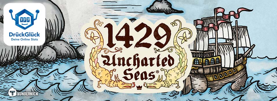 1429 Uncharted Seas Logo von Thunderkick mit Schiff und Meer im Hintergrund